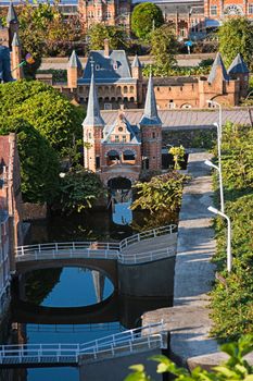 THE HAGUE, THE NETHERLANDS-JULI 2007: Madurodam, miniature city by evening light with architecture and typical Dutch scenes on a scale 1:25. Juli 22, 2007, The Hague, The Netherlands. 