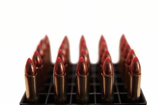 ammunition all organized in a box on a white background