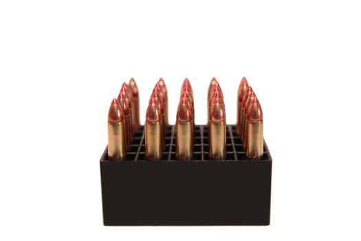 ammunition all organized in a box on a white background