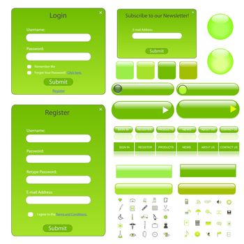 Green web template with forms, bars, buttons and many icons.