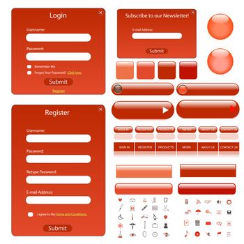 Red web template with forms, bars, buttons and many icons.