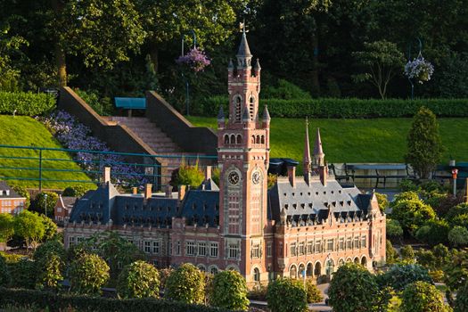 THE HAGUE, THE NETHERLANDS-JULI 2007: Madurodam, miniature city by evening light with architecture and typical Dutch scenes on a scale 1:25. Juli 22, 2007, The Hague, The Netherlands. 