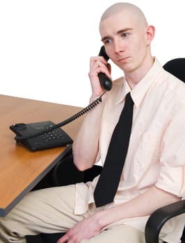 Man talks on telephone on the white background