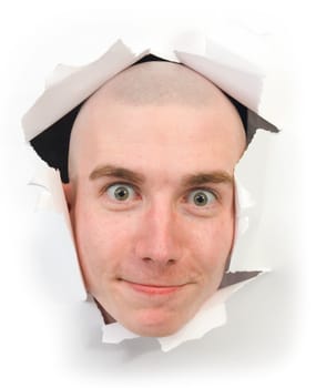 Person with huge eye put out from sheet of paper