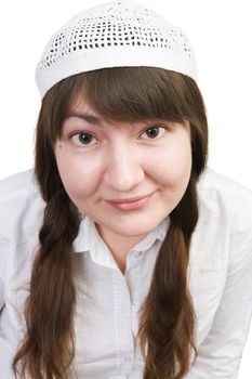 Girl in national tatar headdress on the white background