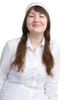 Girl in national tatar headdress on the white background