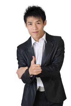 Young businessman of Asian showing thumbs up sign on white background.
