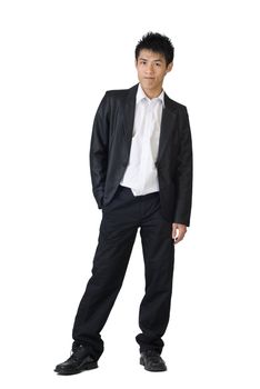 Full body portrait of young business man on white background.