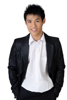 Cheerful Asian young businessman on white background.