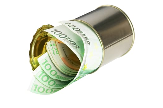 euro bills on a tin can over white background