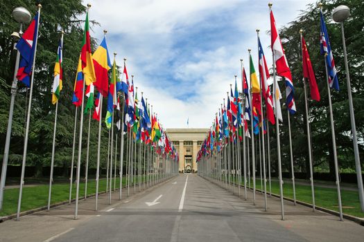 Photograph of the United Nations entrance and building in Geneva, Switzerland.
