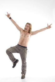 shirtless male dancing on an isolated background