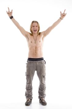 shirtless male raising his hands on an isolated white background