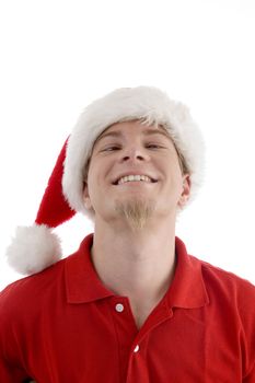 squint male wearing christmas hat with white background