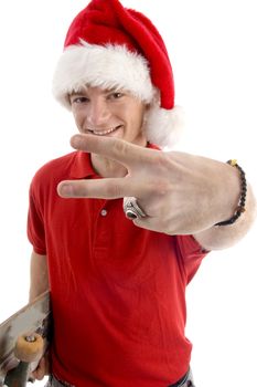 smiling male showing victory sign with white background