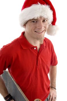 smiling male wearing christmas hat against white background