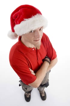 high angle view of male wearing christmas hat with white background