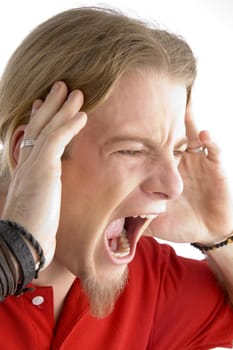 close up of male shouting loudly on an isolated white background