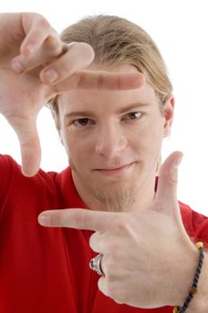 male showing framing hand gesture with white background