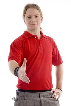smart young man offering handshake on an isolated white background