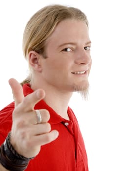 young american male pointing at camera on an isolated white background