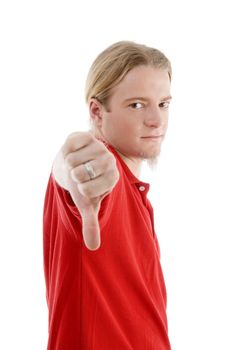 handsome young guy with thumbs down against white background