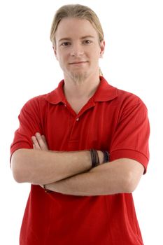 smart young male posing with arms crossed with white background