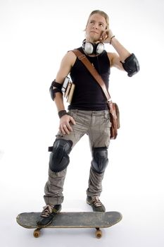 young student fond of skateboarding with white background