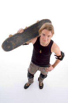 aerial view of man with skateboard against white background