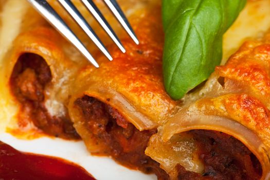 traditional cannelloni pasta dish with tomato sauce