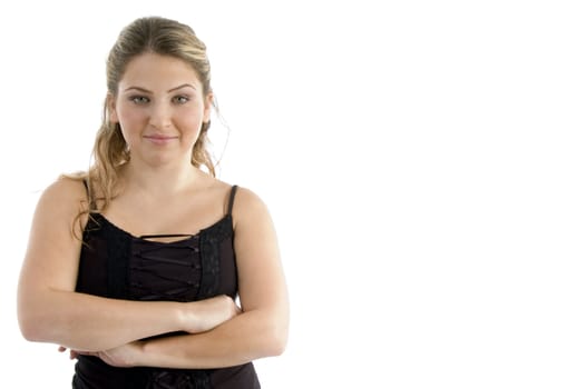 portrait of woman with folded hands with white background