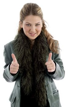 young smiling female with thumbs up on an isolated background