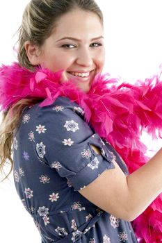 side pose of woman with stole with white background