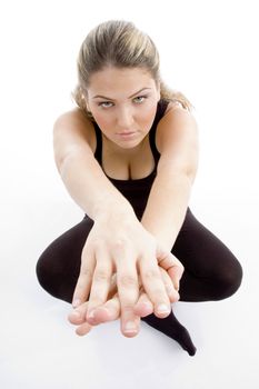 high angle view of girl showing hand gesture on an isolated white background