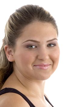 portrait of smiling woman with white background