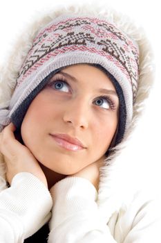 close up of gorgeous female looking upward on an isolated background