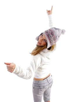 female pointing with both hands with white background