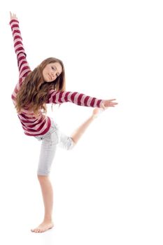 exercising female looking at camera with white background