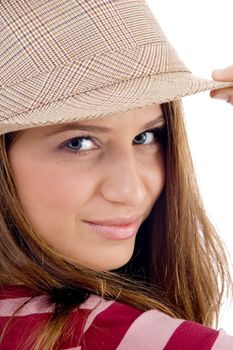 side pose of young model against white background