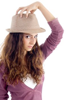 young girl holding hat with white background