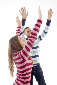 people with raised arms and looking upward on an isolated background