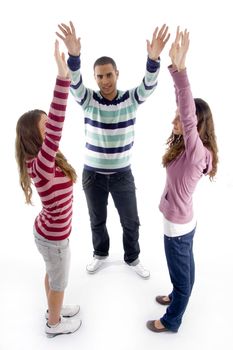 standing friends with raised arms on an isolated background