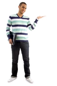 college boy holding laptop and showing hand gesture with white background