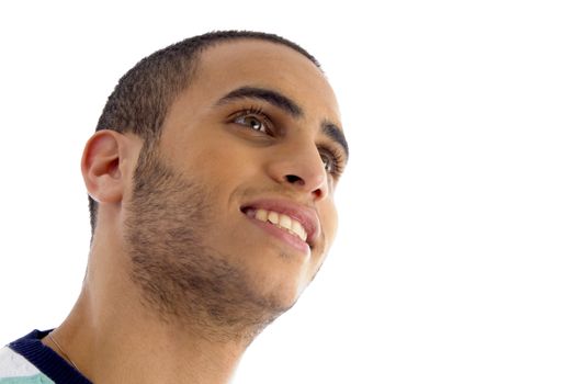 close up view of young guy face on an isolated white background