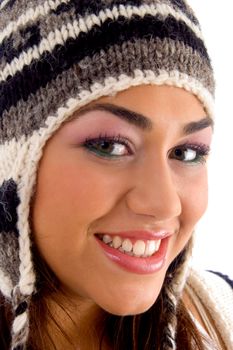 young girl posing with facial expressions against white background