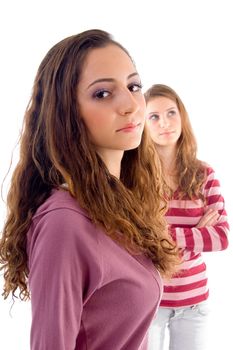 pleased two girls posing with white background