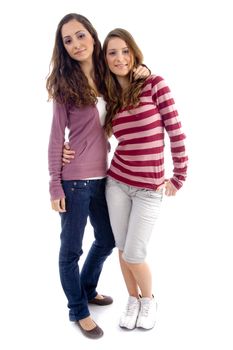 young two friends standing together with white background