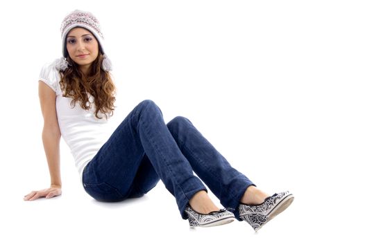 fashionable girl wearing cap with white background