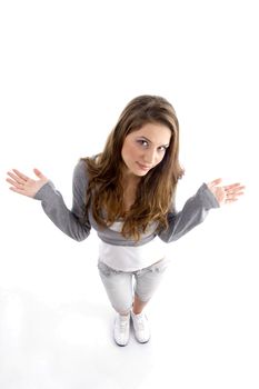 high angle view of attractive female against white background