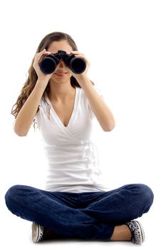 model looking through binocular on an isolated background